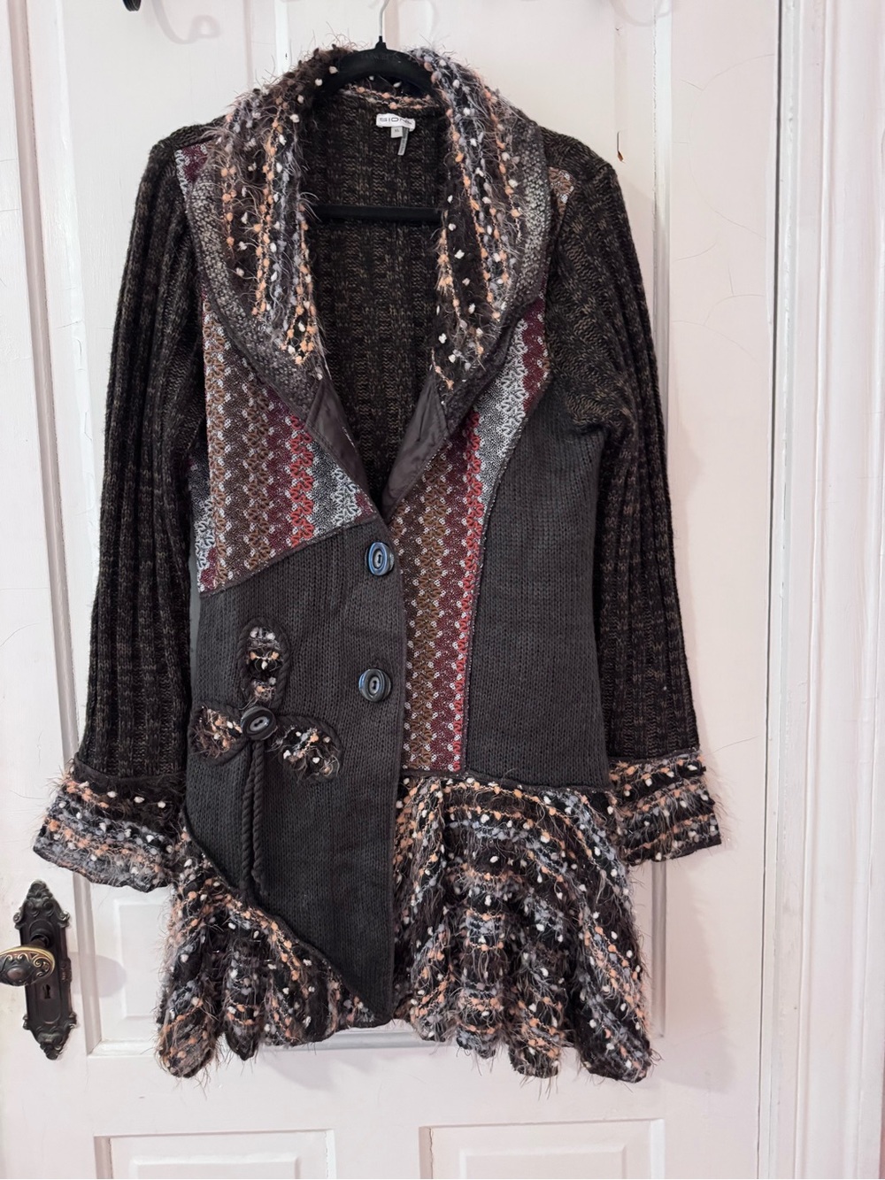 Sioni Charcoal Knit Coat with Multicolor Trim